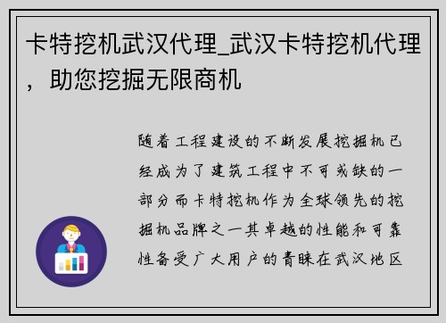 卡特挖机武汉代理_武汉卡特挖机代理，助您挖掘无限商机